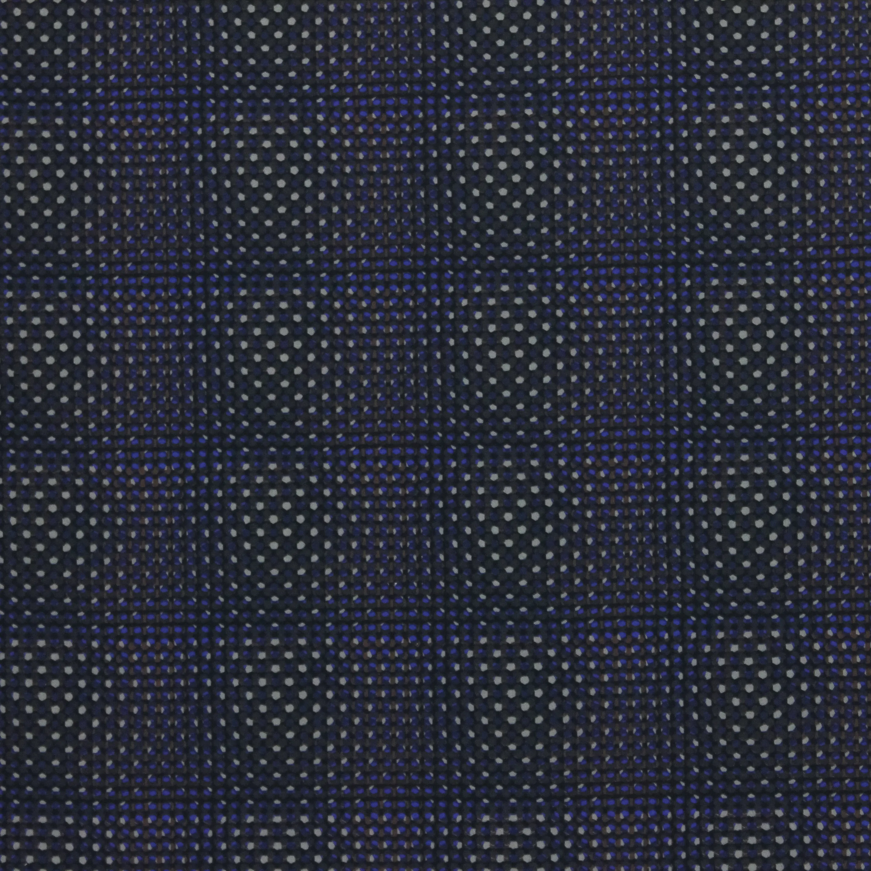 Polyester tricot met blauw en bruin patroon van kleine bolletjes